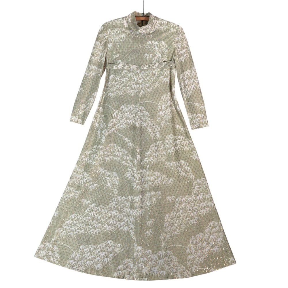 Vintage Leslie Fay Metallic Gold Lurex Maxi Dress Sage Green Mock Neck 60s Fit M